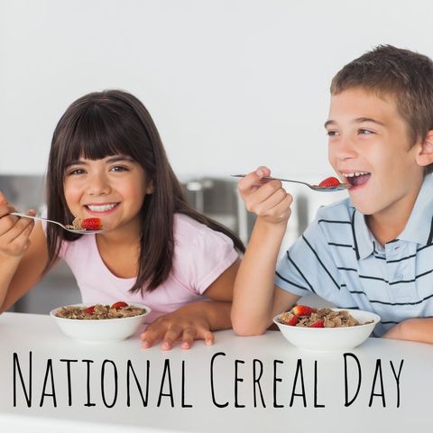 Joyful kids celebrating national cereal day with healthy breakfast