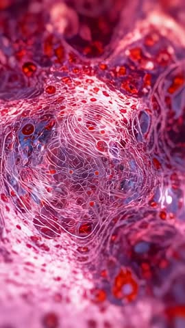 Vertical microscopic journey through pink fibrous lattice with drifting red particles