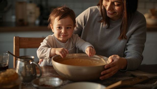 Smiling parent and toddler dipping fingers into mixing bowl during cozy baking moment