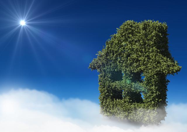 Digital composite image of window shape hedge against sky and cloud background 