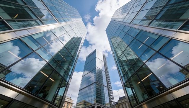 Glass skyscraper framed by mirrored office towers reflecting clouds and blue sky, urban perspective