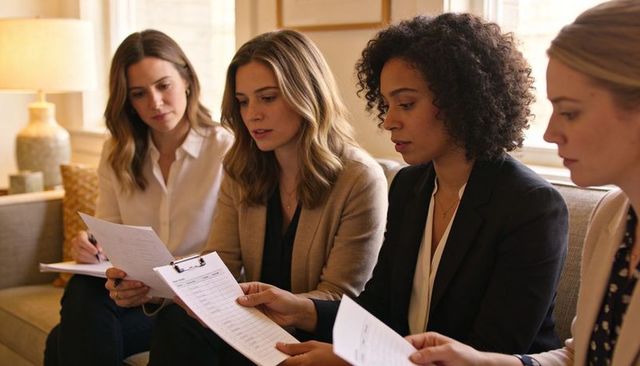 Four professional women reviewing documents on sofa during collaborative lounge meeting