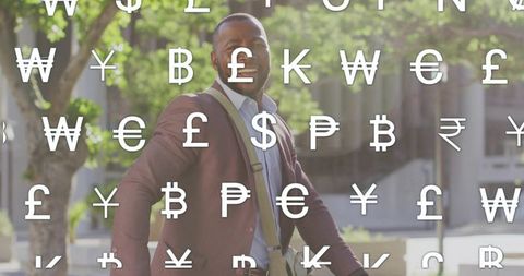 Midlife professional walking with shoulder bag on urban path, global currency symbols overlay