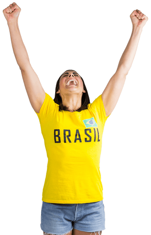 Excited Woman Celebrating Victory in Transparent Football Attire