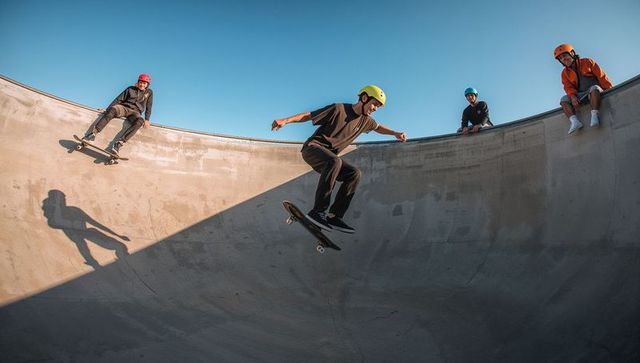 Skateboarder launching high in sunlit concrete bowl while friends watch from rim
