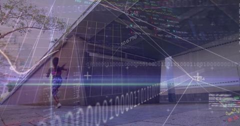 Urban runner training underpass with digital data overlay blending fitness analytics
