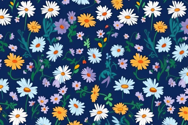 Multi coloured flowers on blue background, created using generative ai technology. Flowers, nature, pattern, colours and background concept digitally generated image.