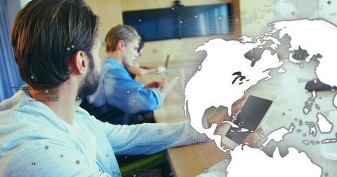 Innovative Business Meeting with Tablet and World Map Overlay