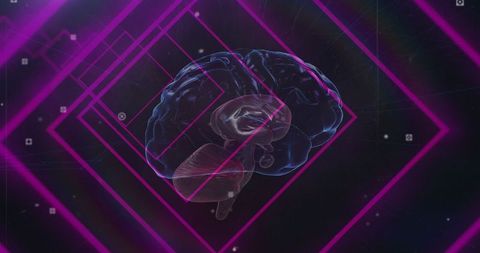 Retro Futuristic Brain with Geometric Lines and Digital Interface