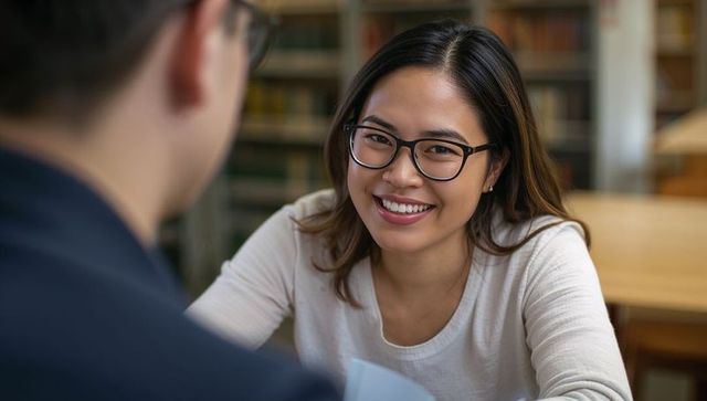 Smiling asian student wearing glasses collaborating with peer in library study session