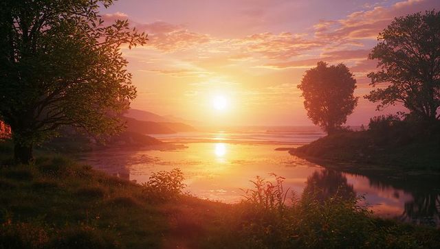 Golden Sunset Reflection Over Serene Lake Landscape