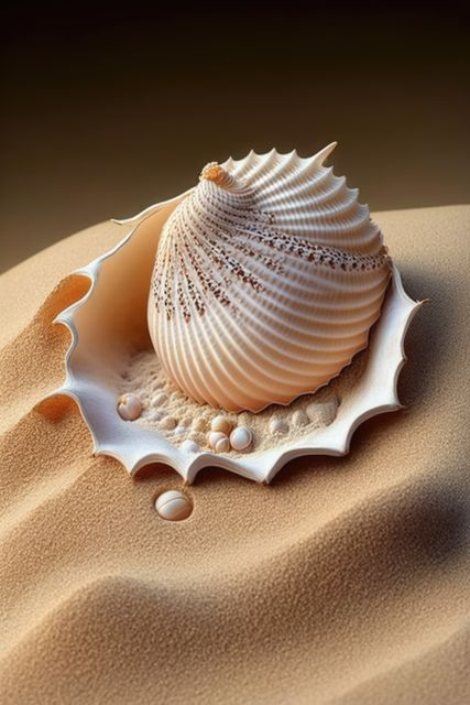 Close up of seashell in sand, created using generative ai technology. Shells, beach and beauty in nature concept digitally generated image.
