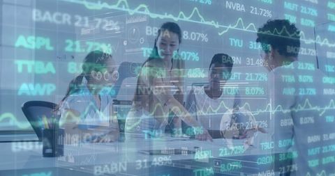 Team Collaborating with Data Analytics and Technology Interface