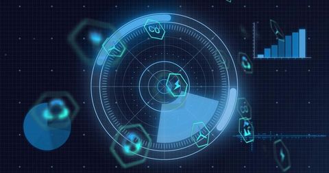 Holographic radar hud displaying futuristic data analytics, blips, charts, visualization