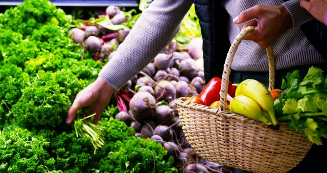 Person shopping for fresh produce in grocery store, selecting green leafy vegetables and carrying basket filled with various fruits and vegetables. Ideal for illustrating healthy eating, organic produce, grocery shopping themes, nutrition, and natural lifestyle content.