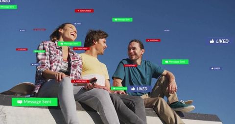 Friends enjoying rooftop with social media interaction icons