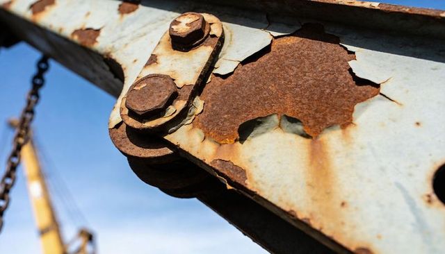 Close-up rusted hinge revealing peeling paint, corroded bolts and weathered metal texture on crane b