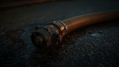 Grimy corrugated hose on wet asphalt with reflective puddles