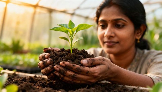 Indian gardener holding young seedling in greenhouse, soil-covered hands nurturing growth