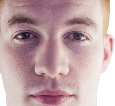 Transparent close-up of pensive young man with freckles