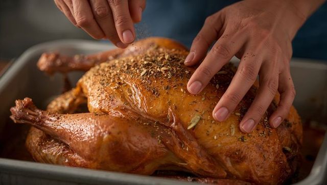 Home cook sprinkling mixed herbs on golden roasted turkey in metal roasting pan