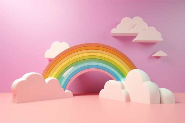Colorful rainbow with white clouds on pink background created using generative ai technology. Rainbow and colours concept digitally generated image.