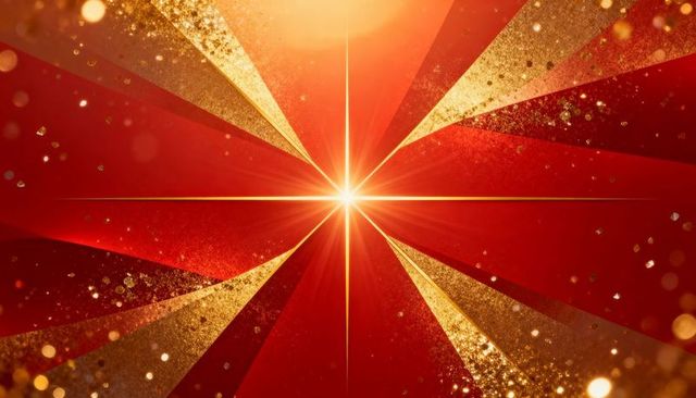 Radiant Golden Starburst Over Festive Red Gradient with Glittering Beams and Bokeh