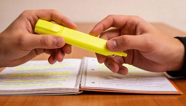 Passing Yellow Highlighter Between Hands Over Spiral Notebook Highlighted Notes Study Collaboration