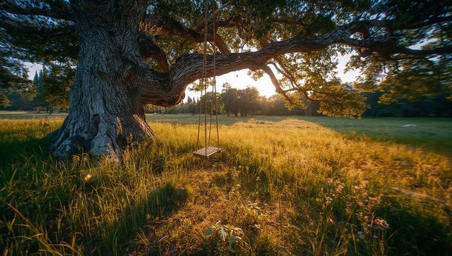 Rustic wooden swing hanging from grand oak tree in sunlit meadow
