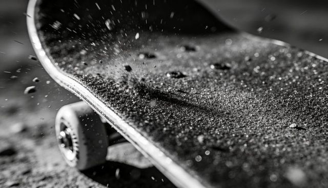 Gritty skateboard grip tape kicking up dust close-up showing motion and texture