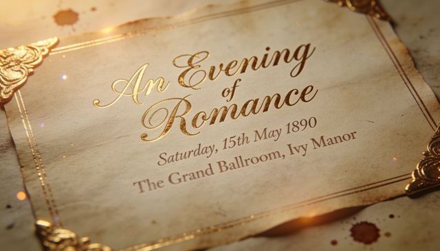 Vintage gold-foil invitation card evoking victorian ballroom romance and elegant calligraphy