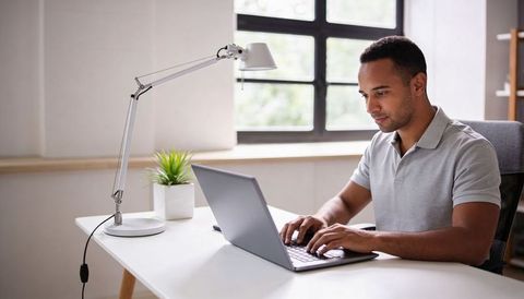 Focused remote worker typing on laptop at bright home office desk with lamp and plant