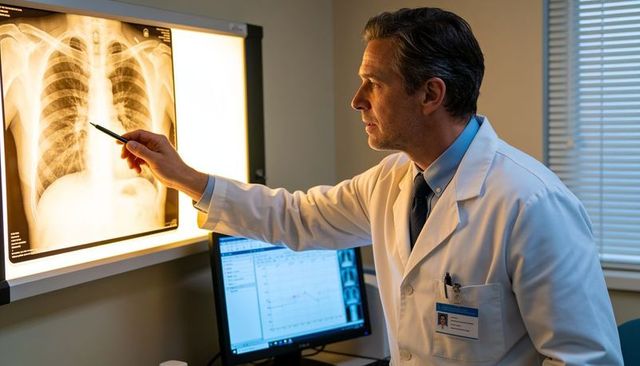 Physician examining chest x-ray on lightbox, pointing with pen in radiology consultation