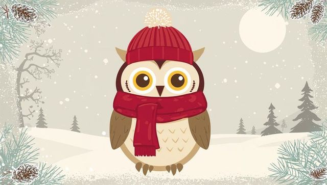 Perching winter owl wearing red beanie and scarf in moonlit snowy forest