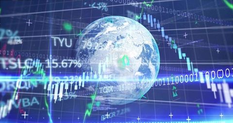 Rotating Earth Hologram Overlaid with Stock Candlesticks, Binary Data and Ticker Streams