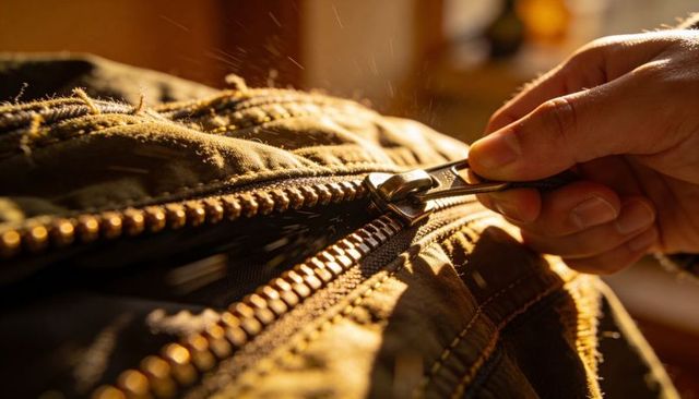 Pulling hand sliding metal zipper slider along jacket teeth in golden sunlight