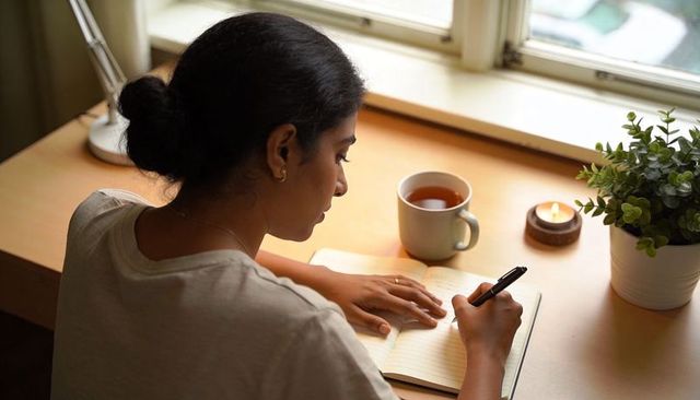 Young woman writing journal at sunlit desk with tea, candlelight and plant for cozy focus
