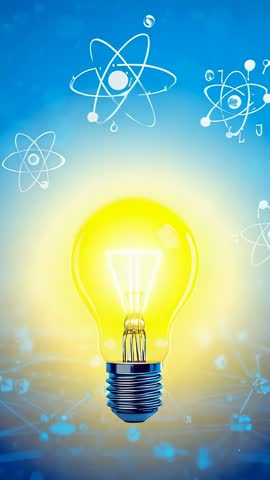 Flickering incandescent bulb glowing over digital grid with atomic icons showing innovation