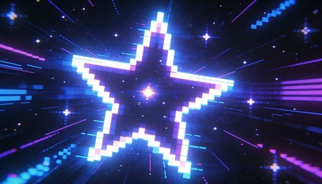 Pulsing pixel star with crt glow in retrofuturistic neon cyber tunnel