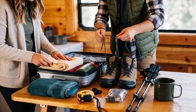 Couple packing hiking gear in rustic cabin folding towels tying boots preparing trip