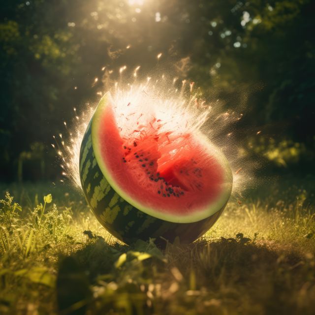 This close-up image captures a watermelon bursting open in a sunlit garden. The explosion of the fruit highlights its fresh, juicy texture, epitomizing the essence of summer. Ideal for use in advertisements for fresh produce, summer events, outdoor activities, or health and wellness campaigns focused on nature and freshness.