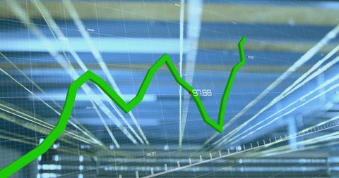 Green 3d trend line rising over transparent blue grid showing data analytics growth