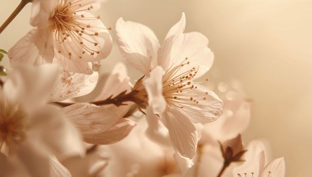 Blooming cherry blossom branch glowing in soft sunlit bokeh with delicate veined petals