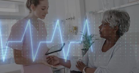 Doctor Conducting Health Check on Senior Patient with Digital Data Overlay