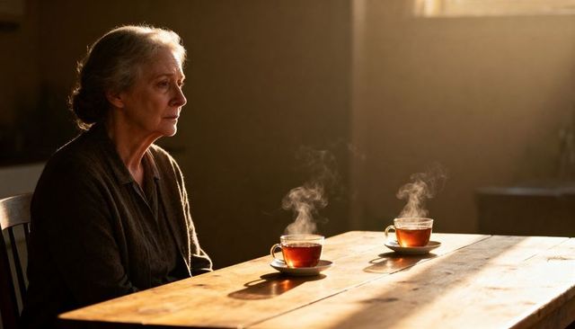 Senior woman contemplating over steaming tea on wooden table in warm sunlit rustic kitchen