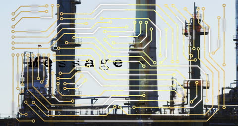 Digital Circuit Overlay with Industrial Refinery Background