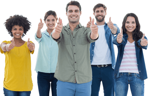 Diverse group of professionals giving thumbs up on transparent background