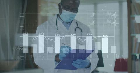 Doctor analyzing medical data with virtual graphs in office