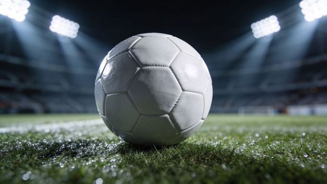 White soccer ball resting on wet stadium grass under dramatic floodlights at night