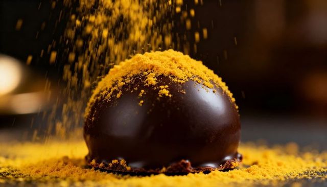 Vibrant yellow powder sprinkling over glossy dark chocolate dome pastry on slate